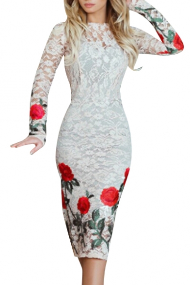 Floral Printed Round Neck Long Sleeve Midi Pencil Lace Dress