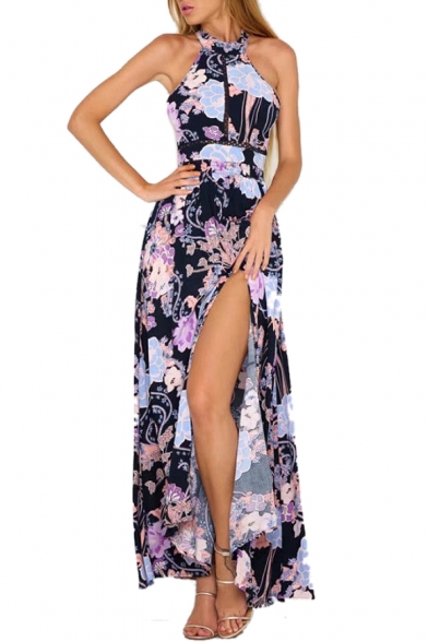 Halter Sleeveless Hollow Out Back Floral Printed Split Front Maxi A-Line Dress
