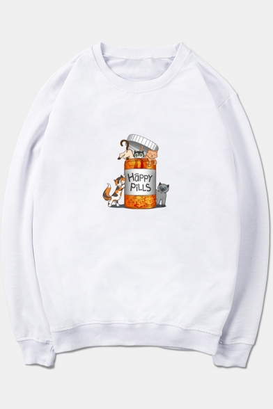 HAPPY PILLS Letter Can Cat Printed Round Neck Long Sleeve Sweatshirt