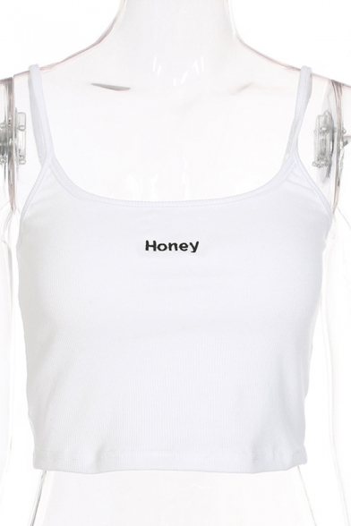 HONEY Letter Embroidered Spaghetti Straps Sleeveless Crop Cami