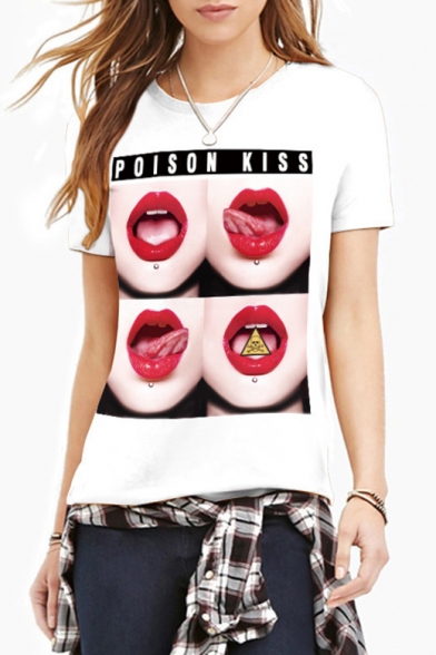 Mouth Letter Printed Round Neck Short Sleeve Tee