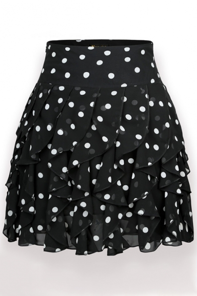 Polka Dot Printed Elastic Waist Mini Chiffon Skirt
