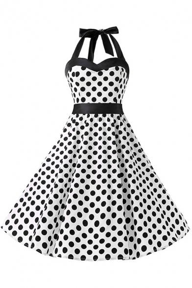 Polka Dot Printed Halter Sleeveless Midi A-Line Dress