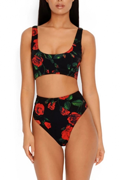 Rose Printed Sleeveless Crop Tank with High Waist Bottom Bikini
