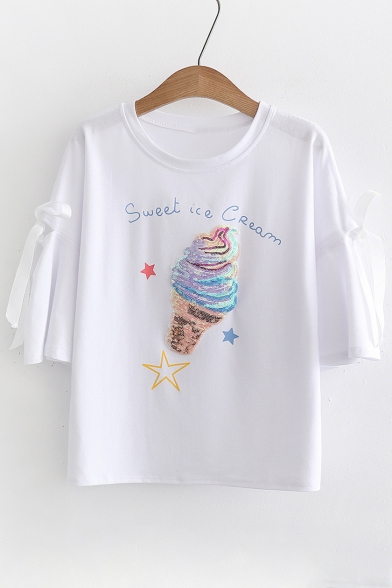 Sequined Ice Cream Letter Printed Round Neck Bow Tied Short Sleeve Tee