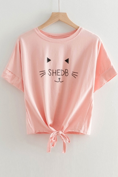 SHEDB Letter Cat Printed Tie Front Round Neck Short Sleeve Tee