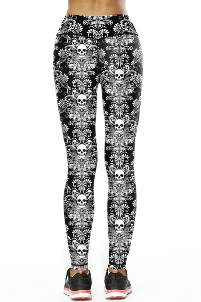 Skull Floral Printed Hollow Out Front Skinny Leggings