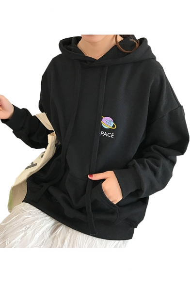 SPACE Letter Planet Rocket Embroidered Long Sleeve Hoodie