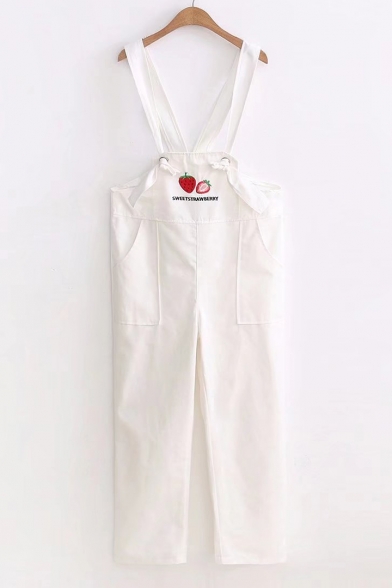 Strawberry Letter Embroidered Bow Tied Detail Overall Jumpsuit