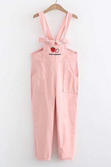 Strawberry Letter Embroidered Bow Tied Detail Overall Jumpsuit