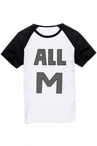 Stylish ALL M Letter Printed Round Neck Raglan Color Block Short Sleeve Tee