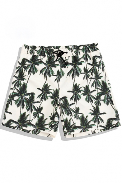 Top Stylish Men's White Palm Tree Pattern Swim Trunks with Pockets and Mesh Liner