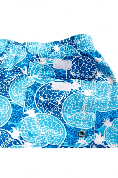 Unique Blue Fast Drying Pomegranate Fruit Print Stretch Bathing Trunks Men with Hook and Loop Pockets