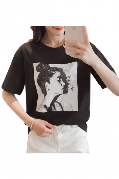 Woman's Profile Printed Round Neck Short Sleeve Tee
