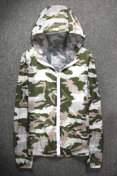 Zipped Long Sleeve Hooded Outdoor Camouflage Plain Coat