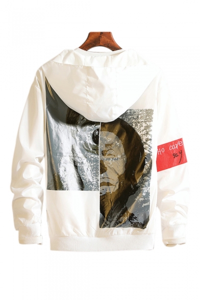 Abstract Character Printed Letter Embroidered Zip Up Long Sleeve Hooded Coat