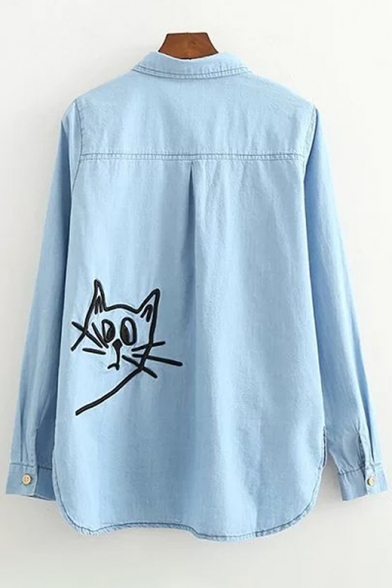 Cat Embroidered Lapel Collar Long Sleeve Buttons Down Shirt