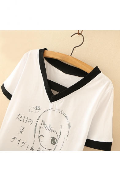 Contrast Trim Character Japanese Printed V Neck Short Sleeve Tee