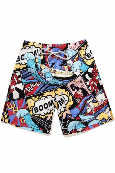 Cool Mens Fast Drying Comic Cartoon Pattern Swim Trunks with Side Pockets
