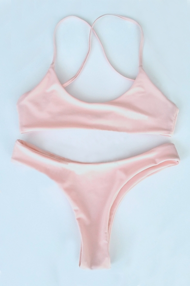 Crisscross Back Plain Spaghetti Straps Bikini