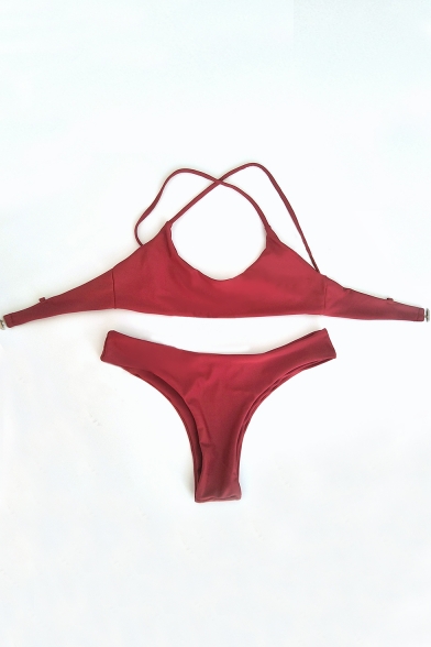 Crisscross Back Plain Spaghetti Straps Bikini