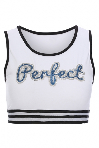 Diamante PERFECT Letter Contrast Braid Embellished Round Neck Sleeveless Crop Tank