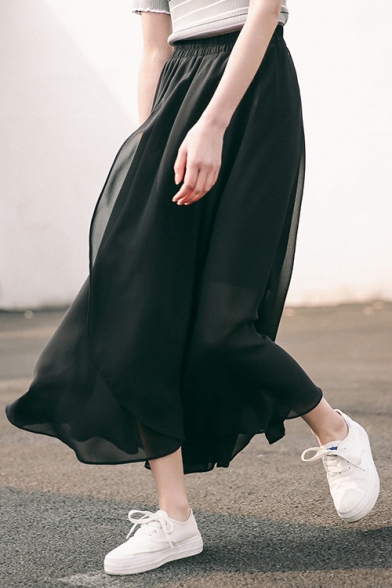 Elastic Waist Chiffon Plain Maxi Asymmetric Skirt