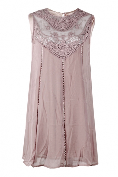 Elegant Crochet Embellished Hollow Out Sleeveless Round Neck Mini A-Line Dress