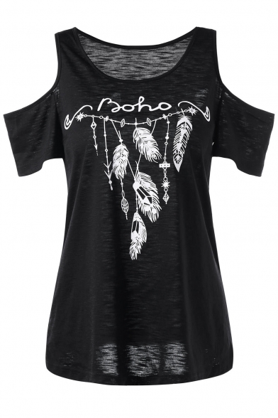 Feather Printed Round Neck Cold Shoulder Short Sleeve Tee
