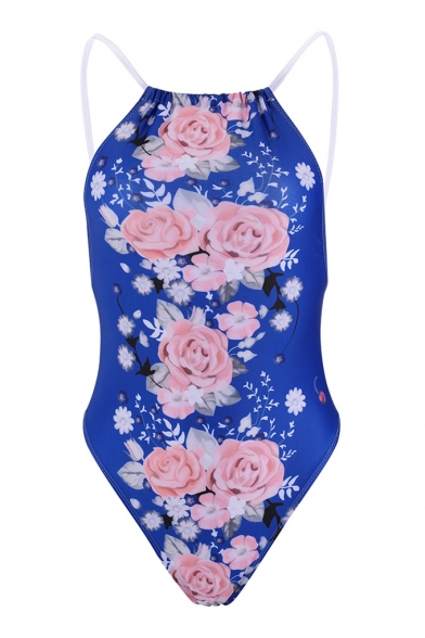 Floral Printed Spaghetti Straps Backless Bikini