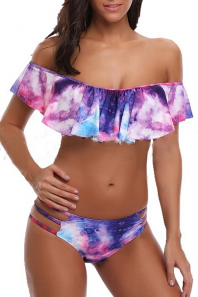 Galaxy Printed Off The Shoulder Short Sleeve Hollow Out Bottom Bikini