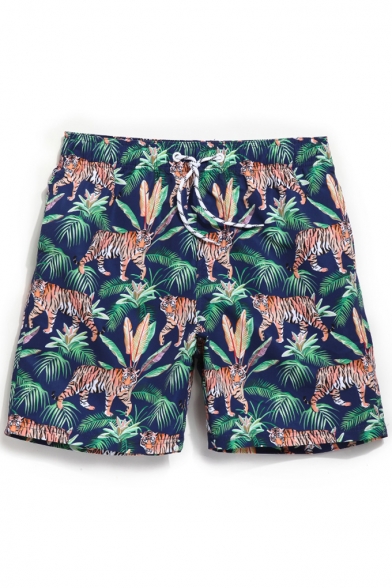 Men's Big and Tall Cool Navy Blue Drawstring Tropical Tiger Pattern Swim Trunks without Liner Brief