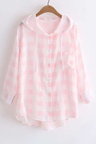 Plaid Printed Buttons Down 3/4 Length Sleeve Hooded Sun Proof Coat