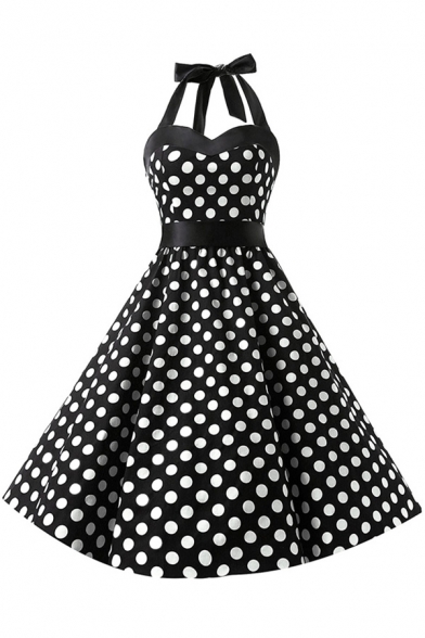 Polka Dot Printed Halter Sleeveless Midi A-Line Dress