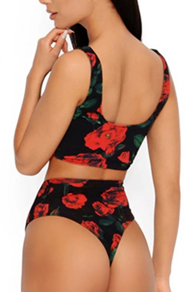 Rose Printed Sleeveless Crop Tank with High Waist Bottom Bikini