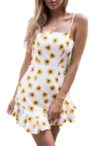 Sun Floral Printed Spaghetti Straps Sleeveless Asymmetric Hem Ruffle Detail Mini Cami Dress