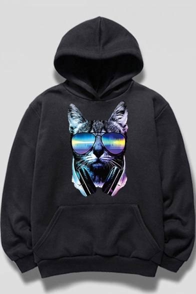 Sun Glasses Cat Printed Long Sleeve Hoodie