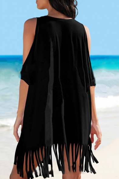 TAKE ME TO THE BEACH Letter Printed Round Neck Cold Shoulder Cover Up with Tassel