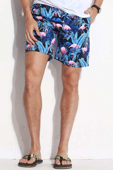 Trendy Men's Black Elastic Tropical Flamingo Printed Beach Shorts with Pockets and Lining