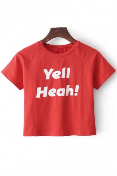 

YELL HEAH Letter Printed Round Neck Short Sleeve Crop Tee, LC470952