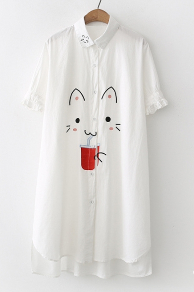 Cat Embroidered Lapel Stripes Short Sleeve Shirt Dress