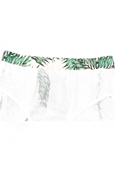 Classic Fast Dry Men's White Leaf Plant Swim Trunks with Drawcord and Mesh Liner