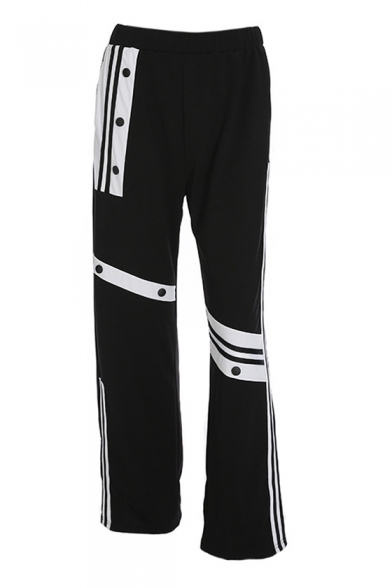 

Color Block Contrast Braid Panel Buttons Embellished Elastic Waist Straight Pants, LC472270