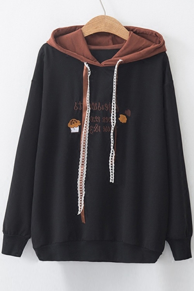 Color Block Hood Letter Cake Embroidered Lace Drawstring Long Sleeve Hoodie