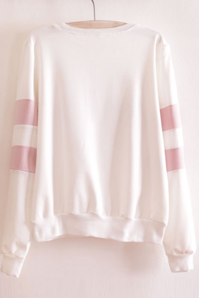 Contrast Striped Cat Letter Printed Round Neck Long Sleeve Sweatshirt