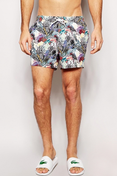 Cool Drawstring Men's Colorful Tropical Leaf Print Swim Shorts Trunks with Mesh Lining