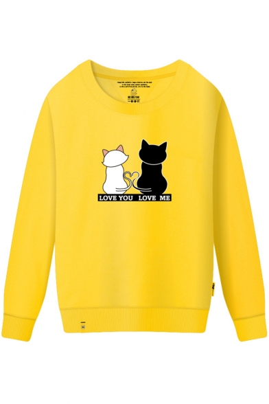 Couple Cats Letter Printed Round Neck Long Sleeve Sweatshirt