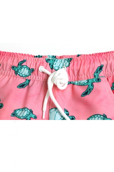 Cute Pink Turtle Printed Stretch Bathing Suit Trunks with Mesh Brief