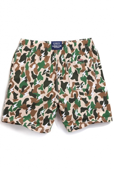 Fancy Fast Drying Khaki and Green Camouflage Bathing Trunks for Male with Mesh Lined Pockets