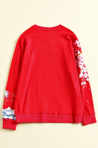 Floral Embroidered Japanese Wave Printed Round Neck Long Sleeve Sweatshirt